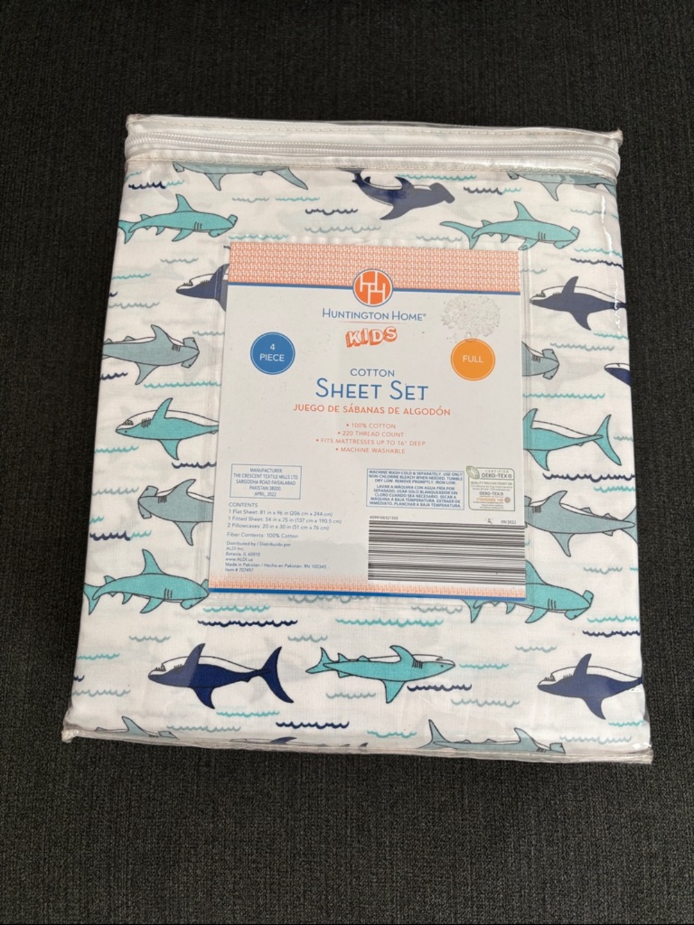 Huntington Home Kids Shark Cotton Sheet Set - White, Teal & Navy